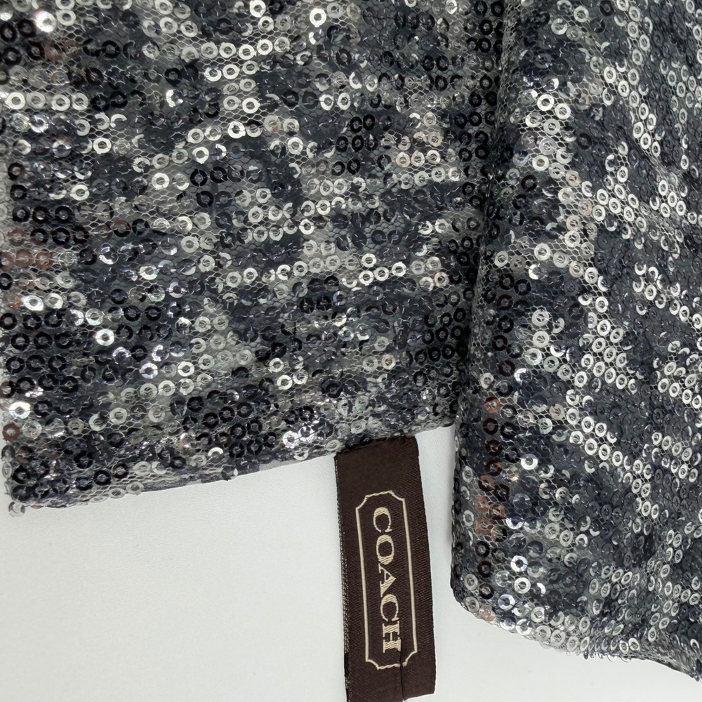 Coach Sequin Leopard Print Silk Monogram Scarf Silver Grey CC Logo Accessory